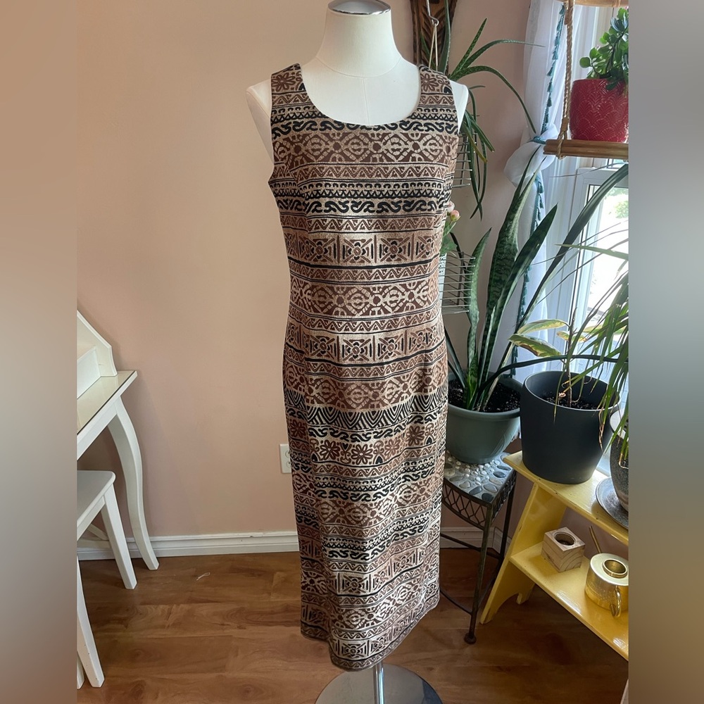 Vintage 90s Earthy Boho Chic Aztec Print Midi Sheath Dress, Size Small - Picture 5 of 13